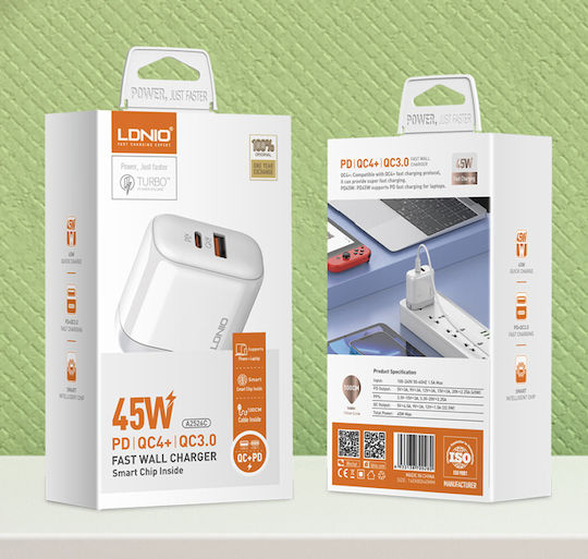 Ldnio с USB-A порт и USB-C порт и кабел USB-C - USB-C 45W Power Delivery / Quick Charge 4.0 Бял (A2526C)