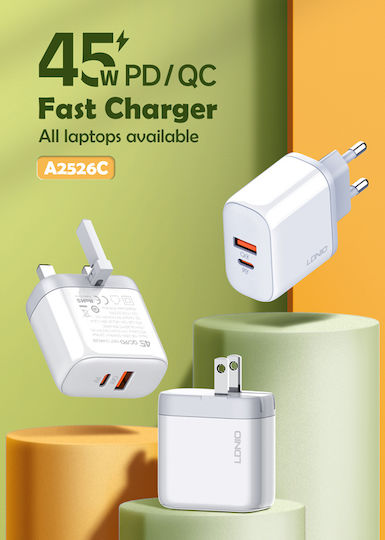 Ldnio с USB-A порт и USB-C порт и кабел USB-C - USB-C 45W Power Delivery / Quick Charge 4.0 Бял (A2526C)