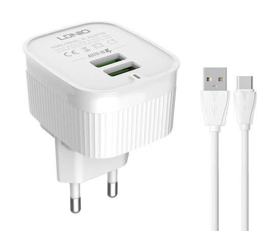 Ldnio Φορτιστής με 2 Θύρες USB-A και Καλώδιο USB-C Λευκός (A201)