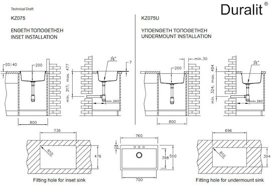 Duralit KZ075 KZ075-450 Drop-In Мивка от Синтетичен Гранит Ш76xД50см Concrete