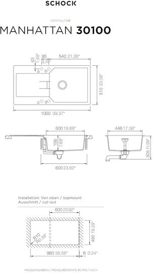 Schock Cristalite Manhattan 110-30100-1401 Drop-In Spüle aus Verbundgranulat B100xT50cm Nero