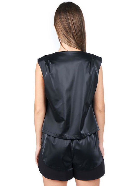 Zoya Women's Blouse Leather Sleeveless with V Neckline Black