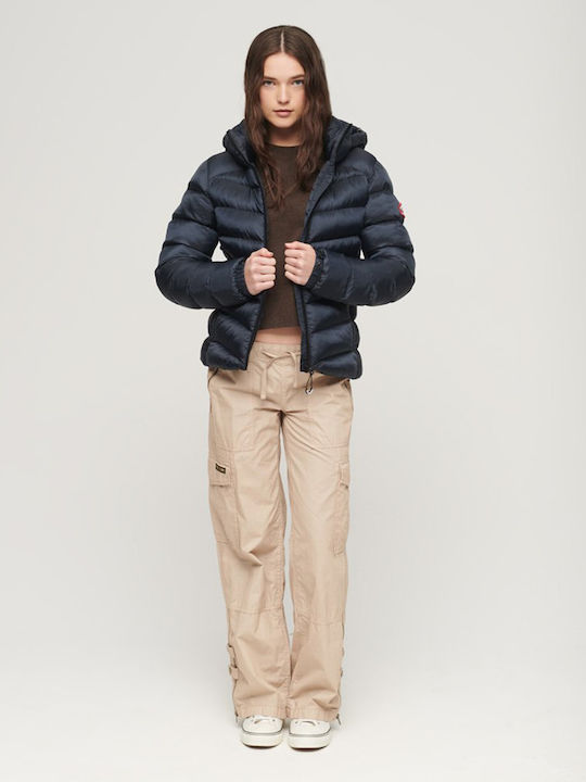 Women's Short Puffer Jacket for Winter with Hood Blue