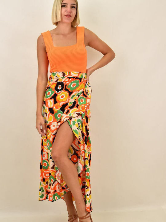 First Woman High Waist Midi Envelope Skirt Floral in Orange color