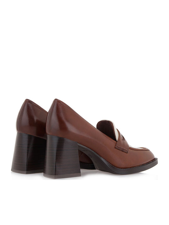 Leather Pointed Toe Tabac Brown Heels with Strap