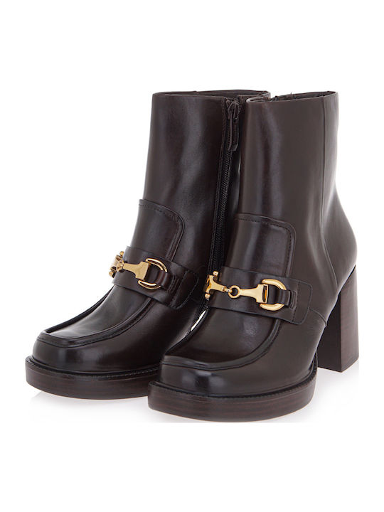 Leather Women's Ankle Boots with High Heel Tabac Brown