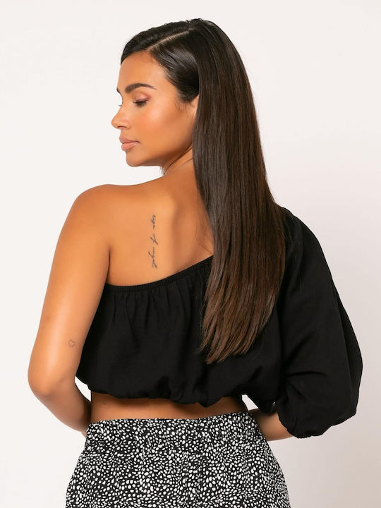 Noobass Women's Summer Crop Top with One Shoulder Black