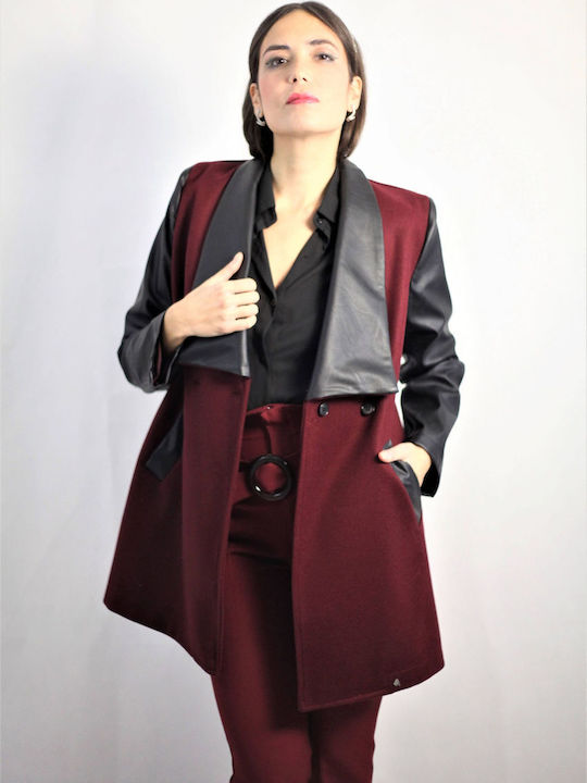 Sushi's Closet Women's Leather Short Half Coat with Buttons Burgundy