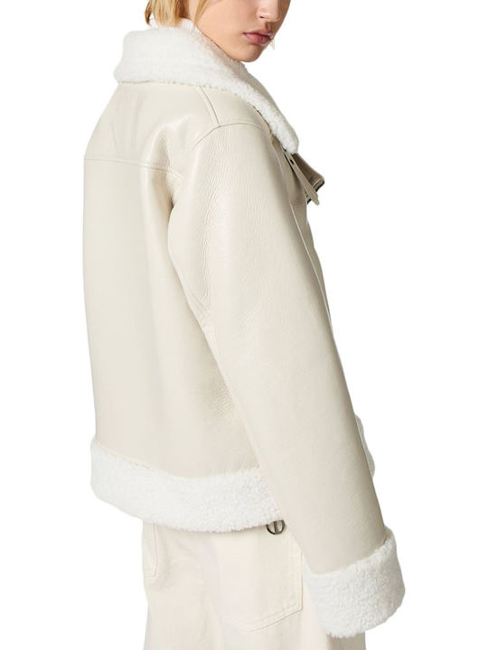 Women's Short Biker Artificial Leather Jacket for Winter White