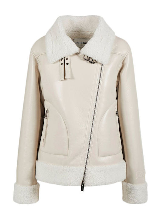 Women's Short Biker Artificial Leather Jacket for Winter White