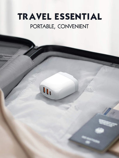 Ldnio Charger with 2 USB-A Ports and USB-C Port and Cable USB-C - USB-C 65W Whites (A3511Q)