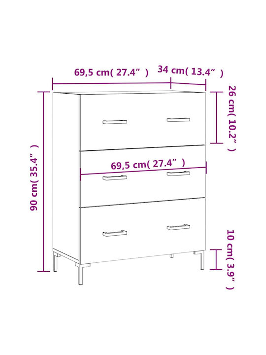 Συρταριέρα Κρεβατοκάμαρας mit 3 Schubladen Weiß 69.5x34x90cm
