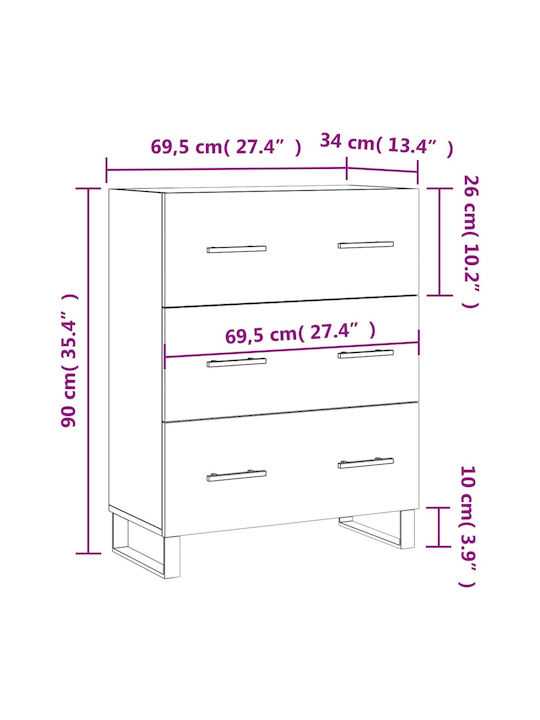 Συρταριέρα Κρεβατοκάμαρας mit 3 Schubladen Weiß 69.5x34x90cm