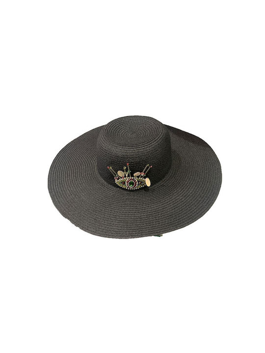 Beachwear Large Straw Hat Hatpoint in Black Color with Impressive Jewel