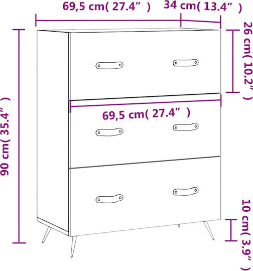 Гардероб за Спалня Дървен с 3 Чекмеджета 69.5x34x90см