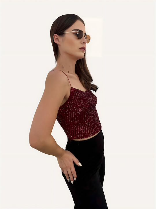 Sateen pentru Femei de Vară Crop Top cu Bretele Burgundy