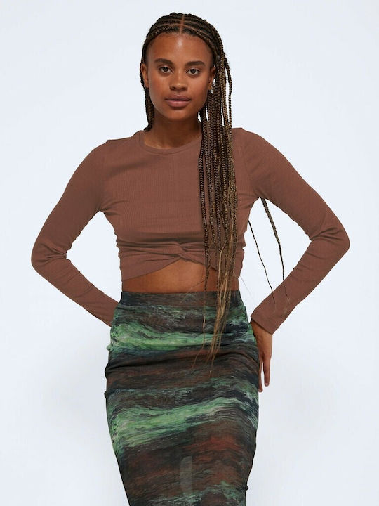 Damen Bluse Baumwolle Langärmelig Braun