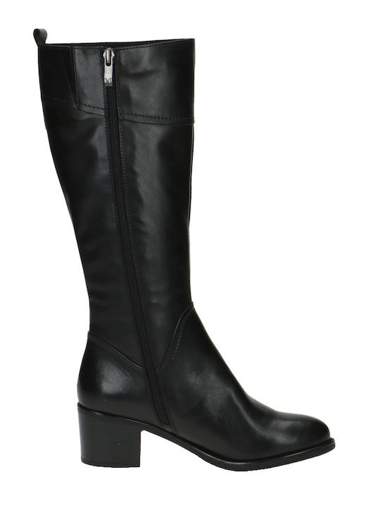 Leder Damenstiefel mit mittlerem Absatz Schwarz