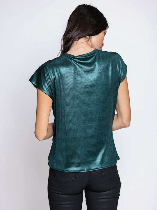 Twenty 29 Women's Summer Blouse Satin Short Sleeve Green