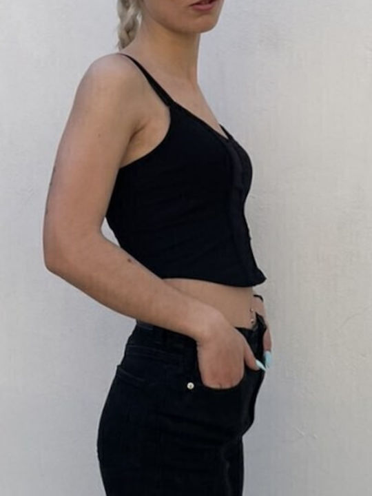 Damen Sommer Crop Top mit Trägern Schwarz