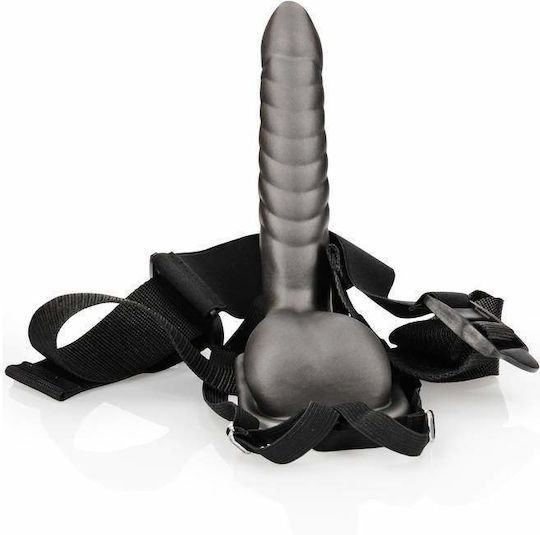 Shots Ouch Ribbed Hollow With Balls Harness with Dildo 22cm in Gray Color
