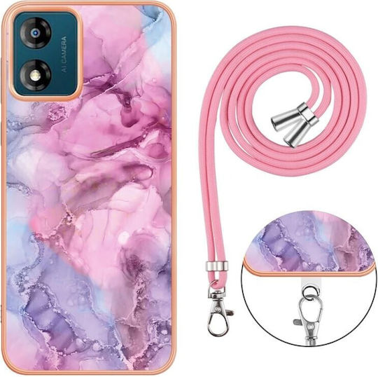 Electroplating Marble Back Cover Πλαστικό με Λουράκι Ροζ (Moto E13)