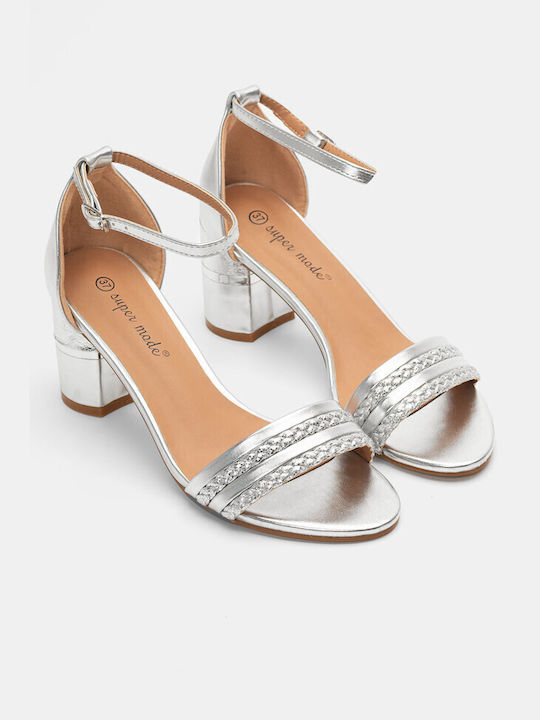 Luigi Synthetic Leather Women's Sandals with Ankle Strap Silver with Chunky Medium Heel