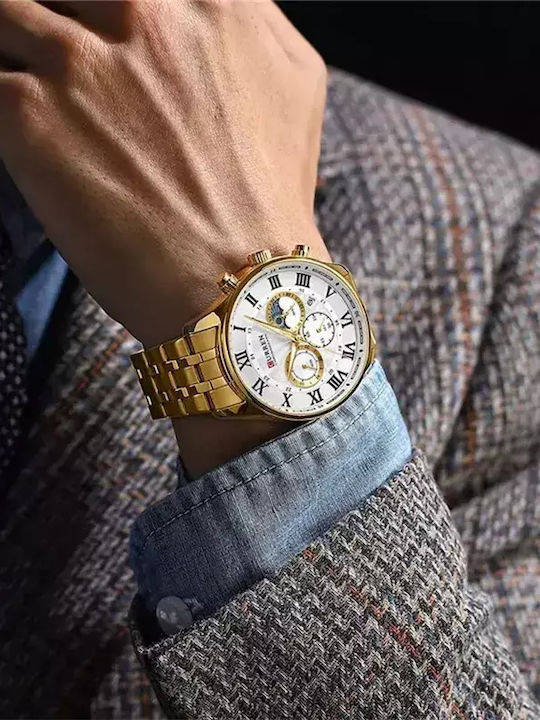 Curren Ανδρικό Ρολόι 45mm Χρονογράφος Μπαταρίας με Χρυσό Μεταλλικό Μπρασελέ