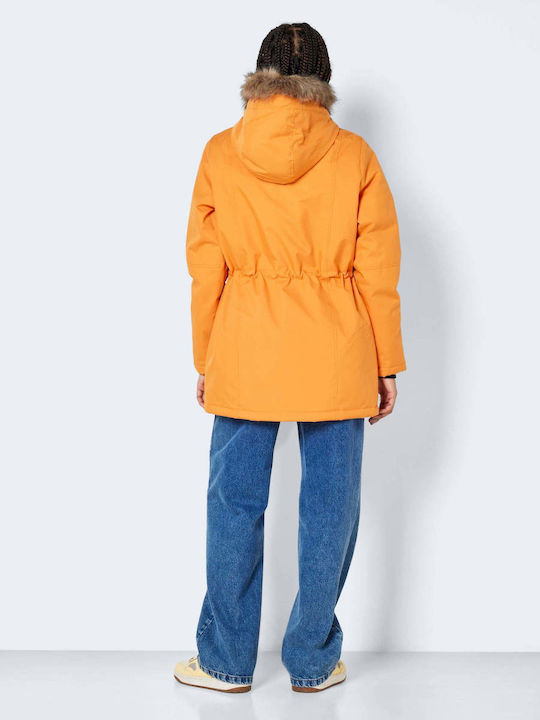 Noisy May Women's Long Parka Jacket for Winter with Hood Orange