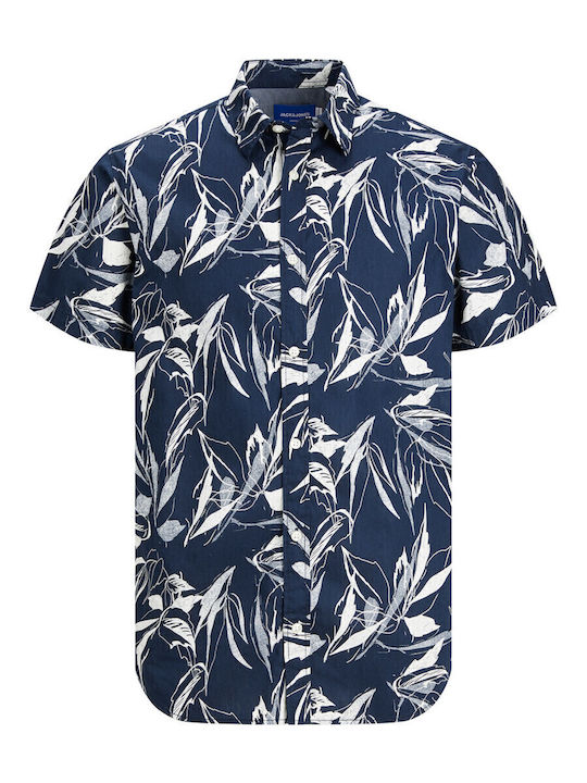 Short-sleeved Cotton Shirt Floral Navy Blue