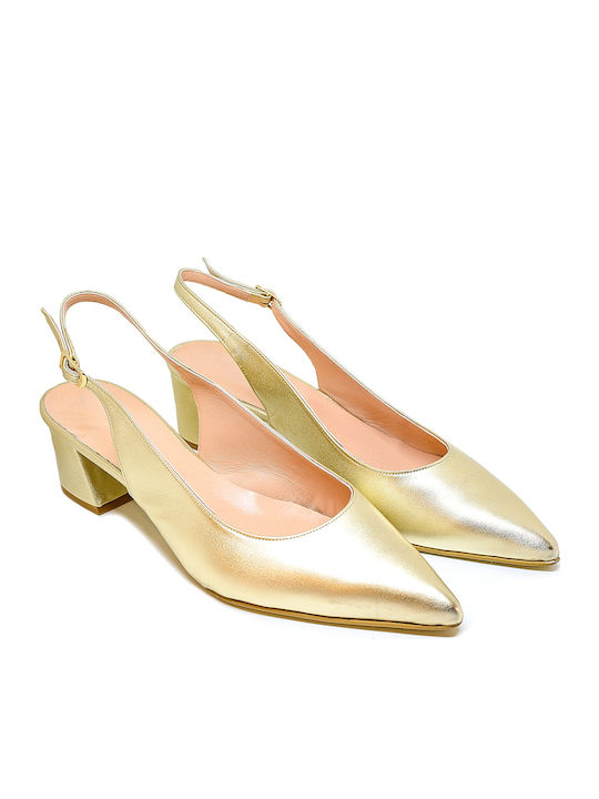 Leather Pointed Toe Gold Medium Heels with Strap