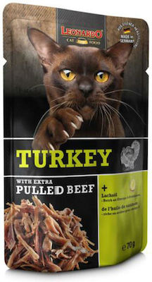 Leonardo Pulled Beef Nasses Katzenfutter für Katze in Beutel mit Türkei 70gr 07442