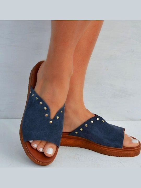 Leather Women's Flat Sandals Flatforms in Blue Color