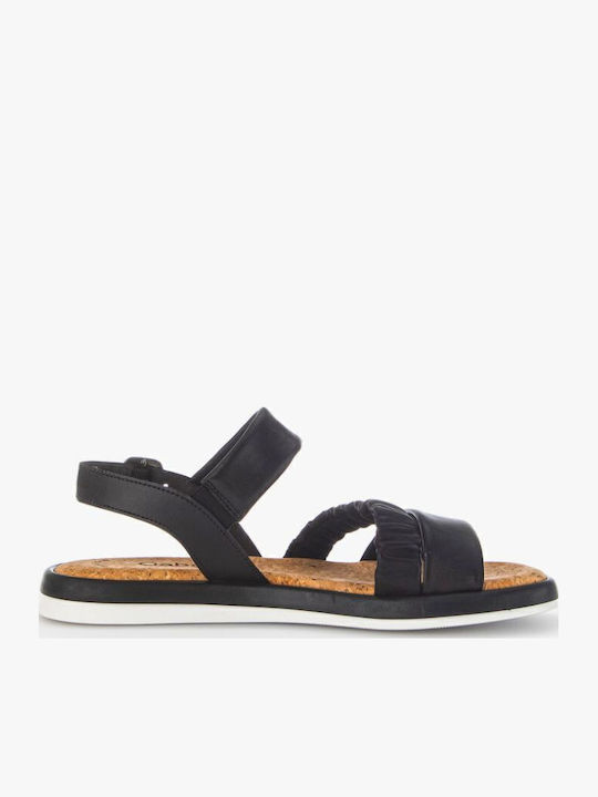 Leder Flache Sandalen für Damen Anatomisch mit Riemen in Schwarz Farbe