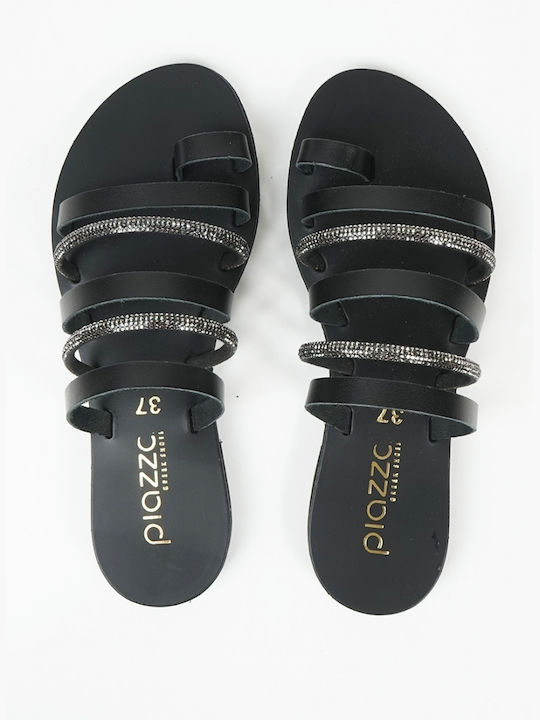 Piazza Shoes Leather Women's Flat Sandals in Black Color