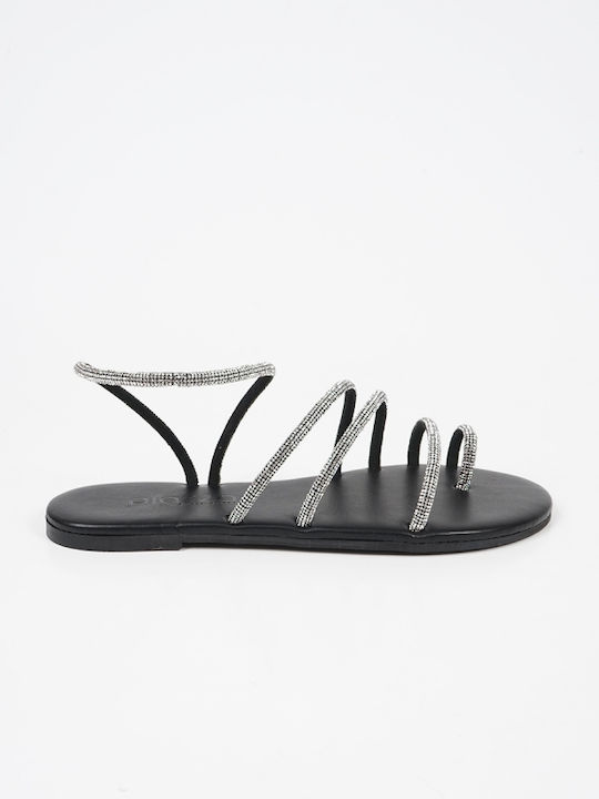 15209 Leder Flache Damen Sandalen Schwarz