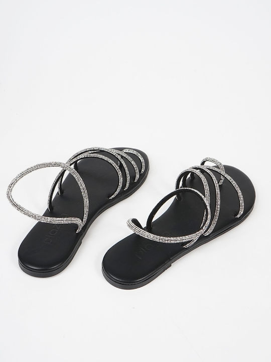 15209 Leder Flache Damen Sandalen Schwarz