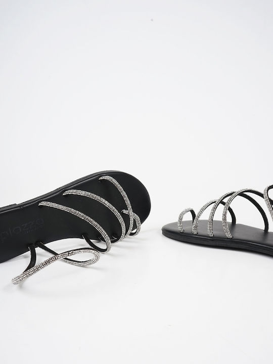 15209 Leder Flache Damen Sandalen Schwarz