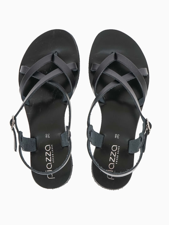 Piazza Shoes Handmade Leather Women's Sandals with Ankle Strap Black