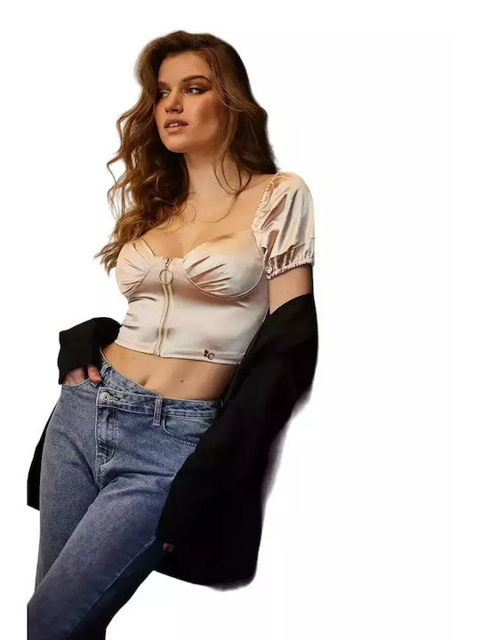 Cento Fashion Γυναικείο Crop Top Αμάνικο Καλοκαιρινό Μπεζ