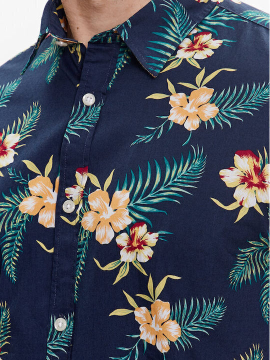 Kurzärmlig Baumwolle Hemd Blumen Marineblau