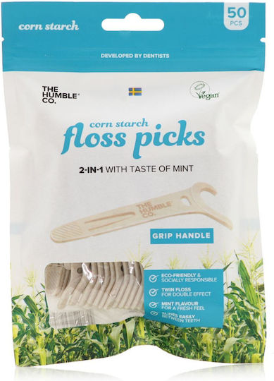 The Humble Co. Floss Picks Grip with Mint Flavour & Handle Beige 50pcs