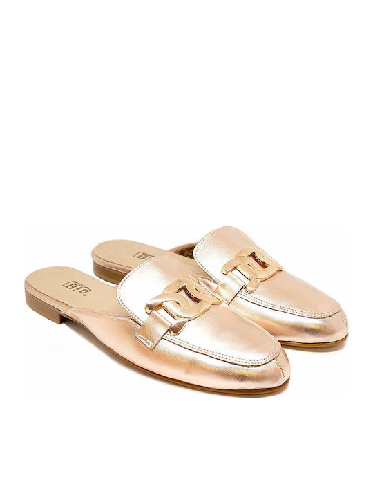 Flat Leather Mules in Gold Color