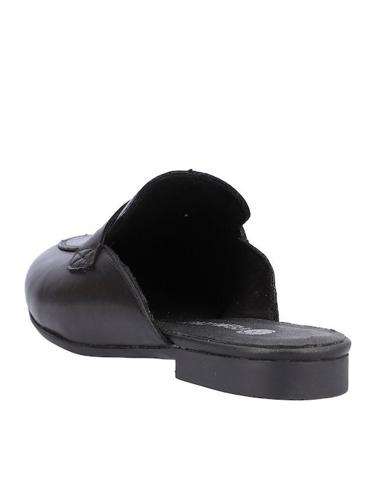 Flat Leather Mules in Black Color