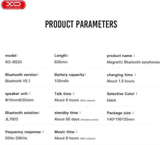 XO BS33 In-ear Bluetooth Handsfree Ακουστικά Μαύρα