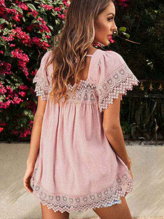 Amely Damen Sommer Bluse Kurzärmelig Rosa