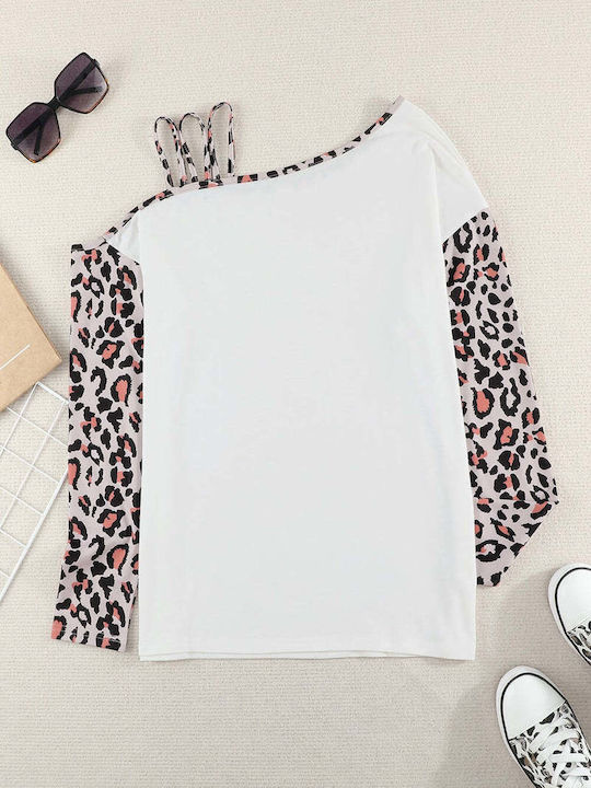 Amely Women's Summer Blouse Long Sleeve Animal Print White