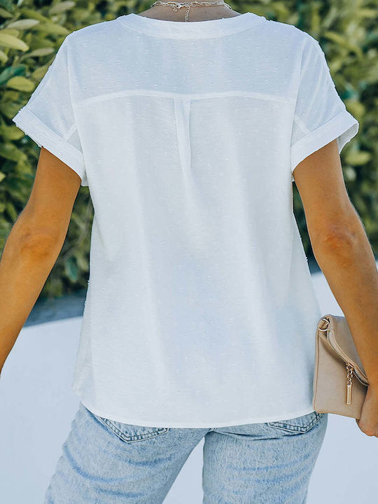 Amely Women's Summer Blouse Short Sleeve Polka Dot White