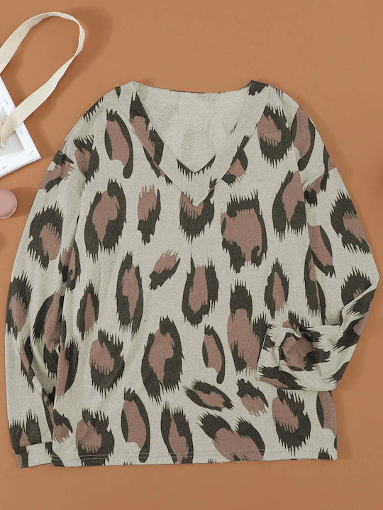 Amely Women's Summer Blouse Long Sleeve with V Neck Animal Print Multicolor