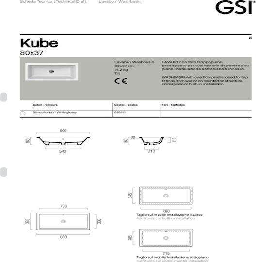 GSI Kube Υποκαθήμενος Νιπτήρας Πορσελάνης 60x37x16cm Λευκός